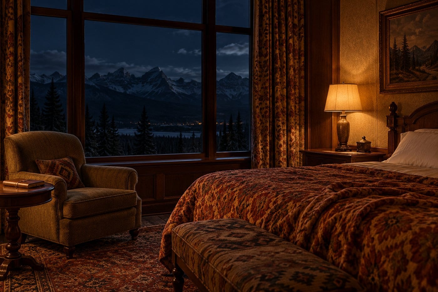 An empty armchair beside a mountain-facing hotel window, with a lamp and notebook.
