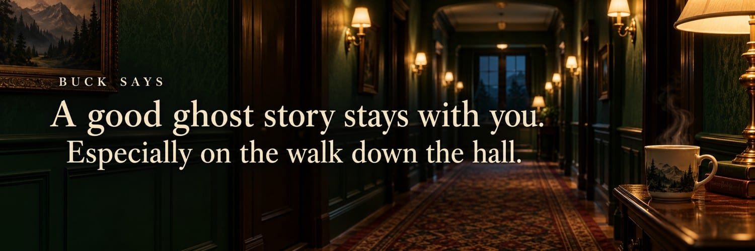 Buck Says: A good ghost story stays with you. Especially on the walk down the hall. Coffee and lamplight beside an imagined dark hotel corridor.