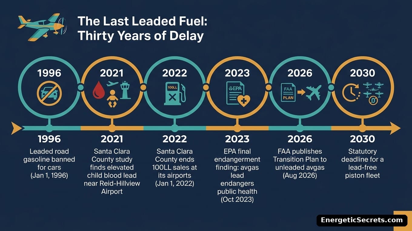 Timeline infographic: The Last Leaded Fuel - Thirty Years of Delay, six milestones from the 1996 road-gasoline lead ban to the 2030 statutory deadline