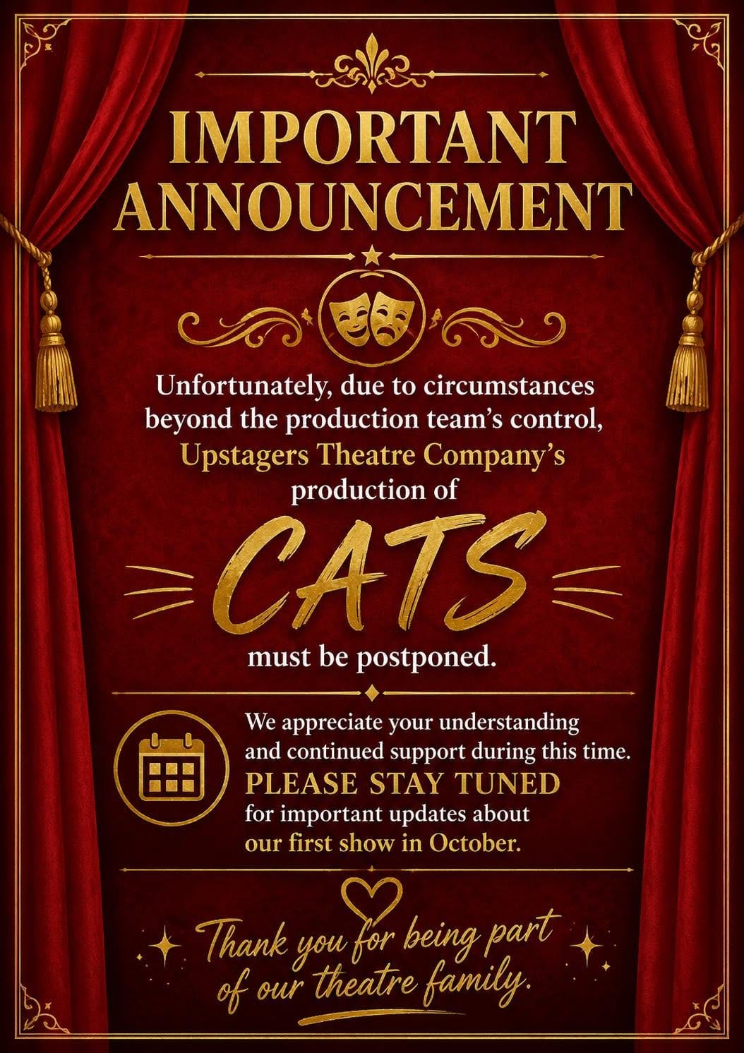 Upstagers Production Team Postpone Cats: The Musical.