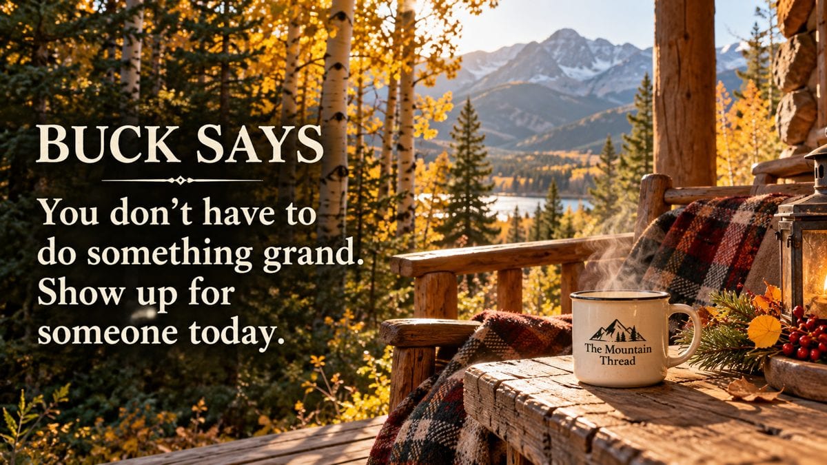 Autumn cabin porch with a steaming Mountain Thread mug. Buck Says: You don’t have to do something grand. Show up for someone today.