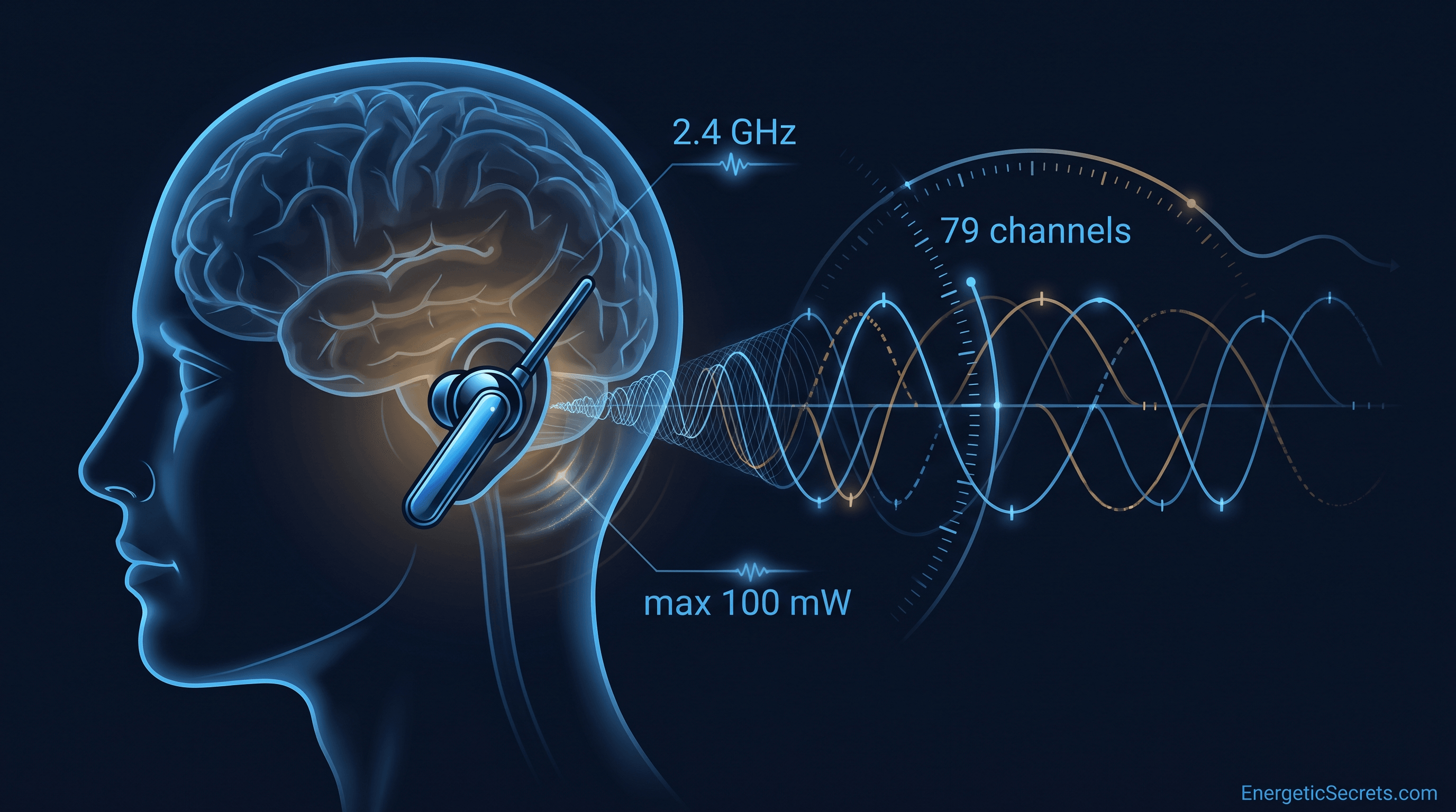 A stylized head in profile with an earbud, frequency-hopping wave pattern, and a dial arc labeled 2.4 GHz, 79 channels, and max 100 mW.