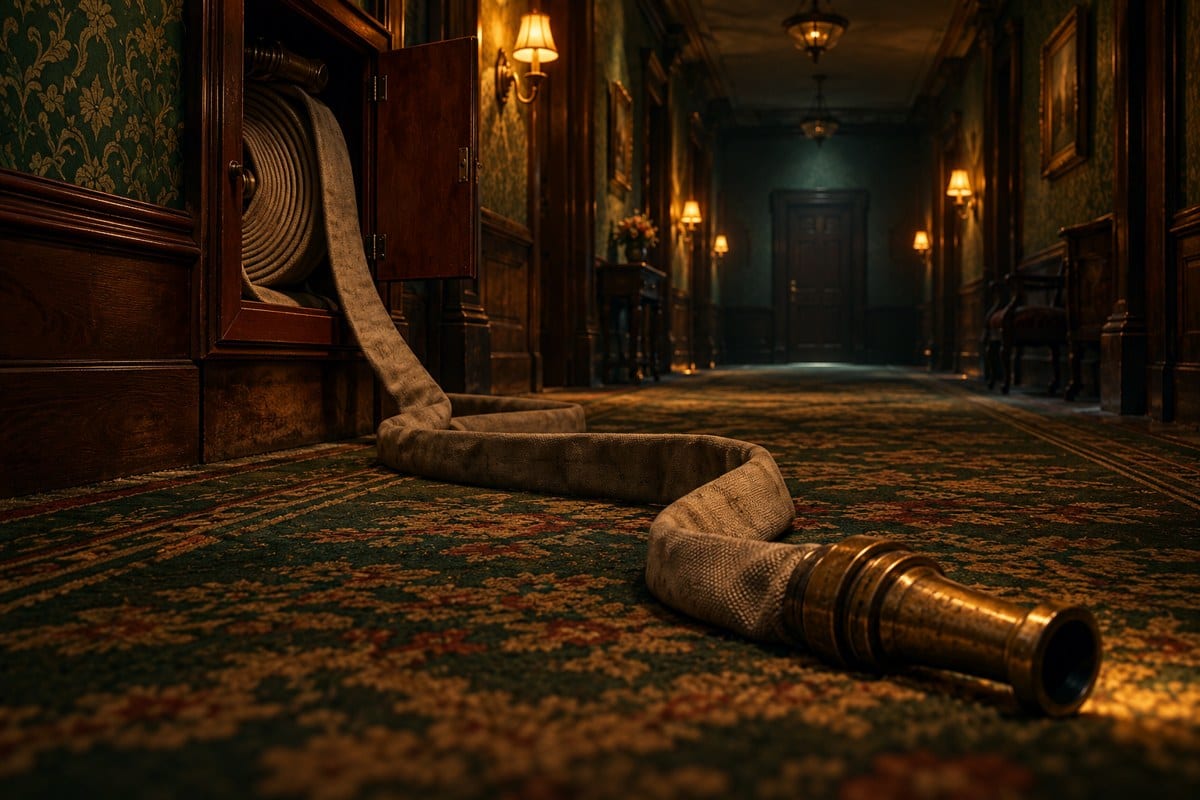 A canvas fire hose spills from an open cabinet across the carpet of an imagined dark hotel corridor, its brass nozzle catching the lamplight.
