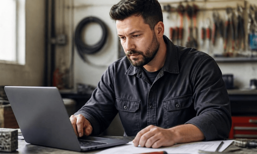 An electrician reviewing documents on a laptop at a workshop bench