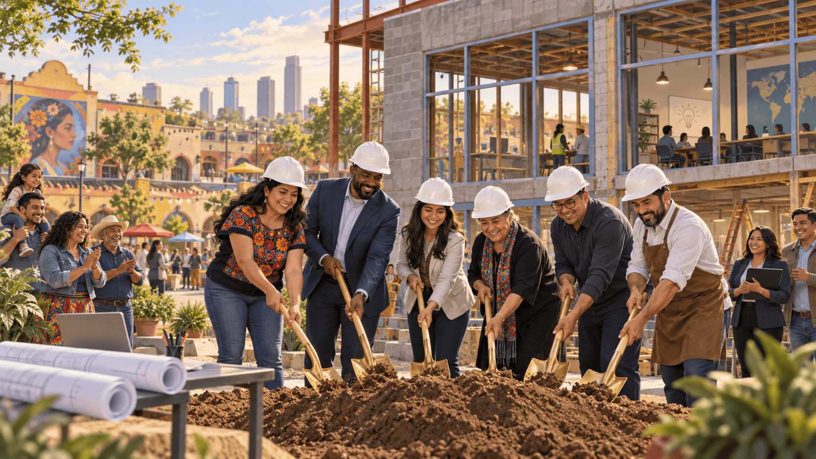 Conceptual editorial illustration of a diverse group of people using ceremonial shovels outside an unfinished entrepreneurship center, with a lively commercial plaza in the background.