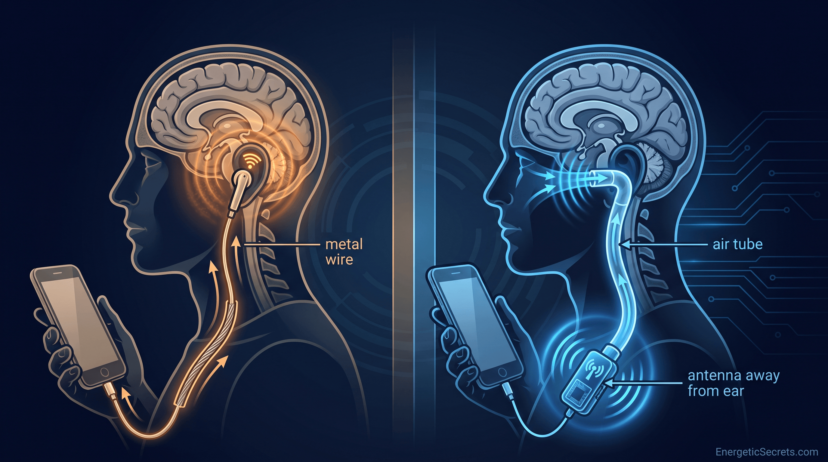A side-by-side cutaway of a wired earpiece with a metal wire run to the ear versus an airtube earpiece with a hollow air tube, electronics module low, antenna away from ear.