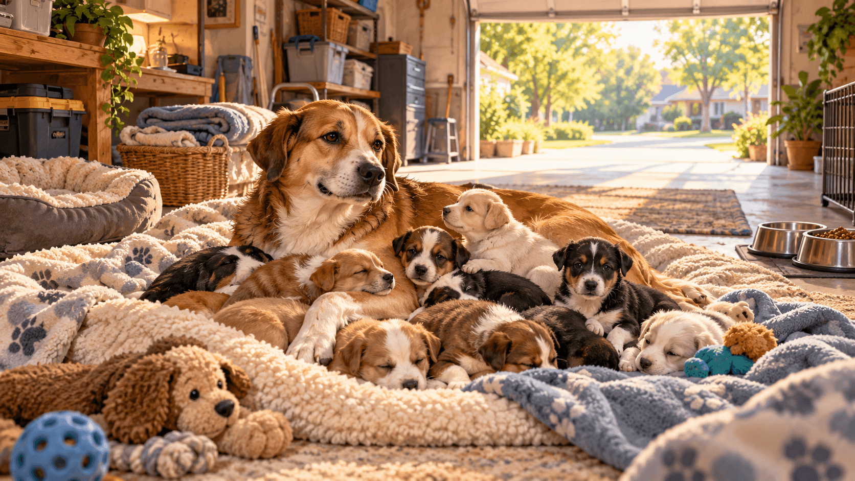 Conceptual digital illustration of a garage converted into a cozy foster area, with a mother dog resting on blankets beside nine puppies, toys, bowls, and daylight streaming in through an open garage door.