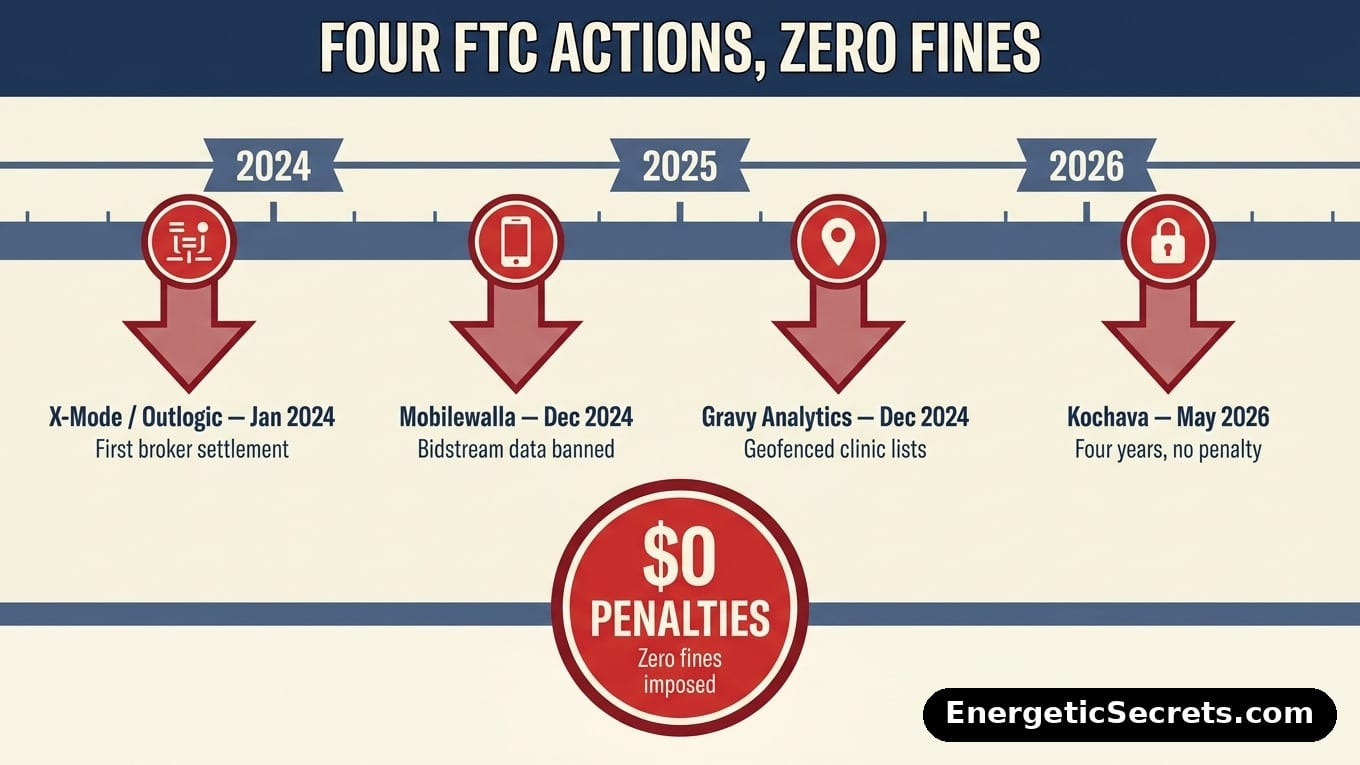 Timeline of four FTC location-data enforcement actions with no fines