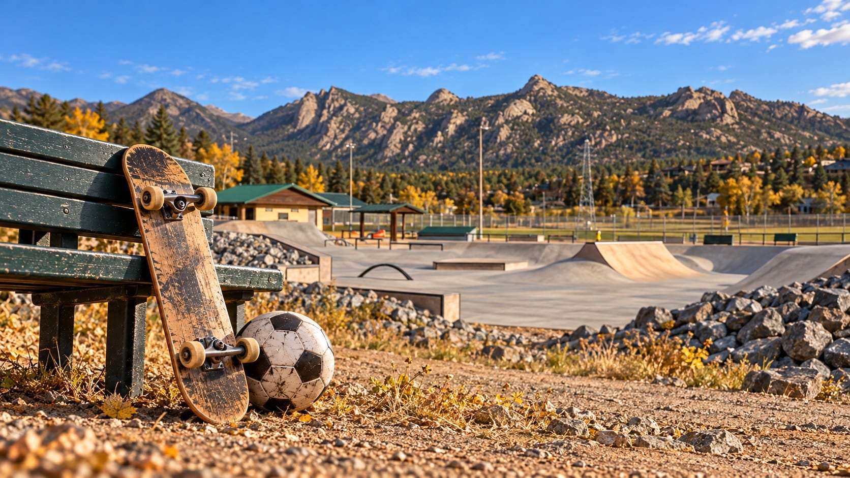 A skateboard and soccer ball beside a bench overlooking an illustrated Lawson Skatepark, with concrete ramps, rocky edges and the Estes Park mountain backdrop; based on supplied reference photos.
