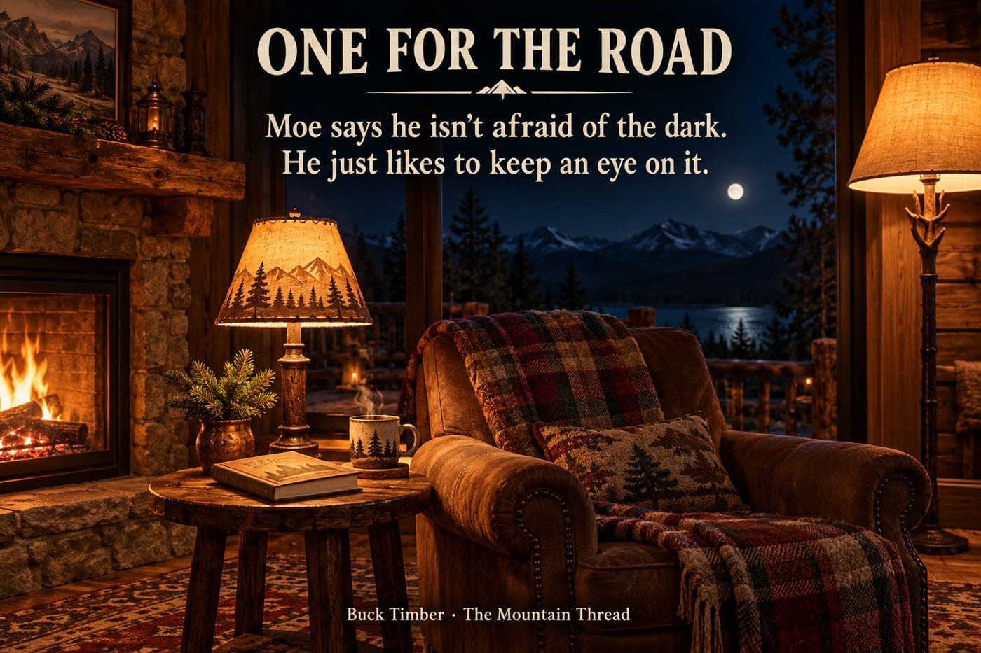 One for the Road: Moe says he isn’t afraid of the dark. He just likes to keep an eye on it. A lamp-lit cabin reading nook at night.