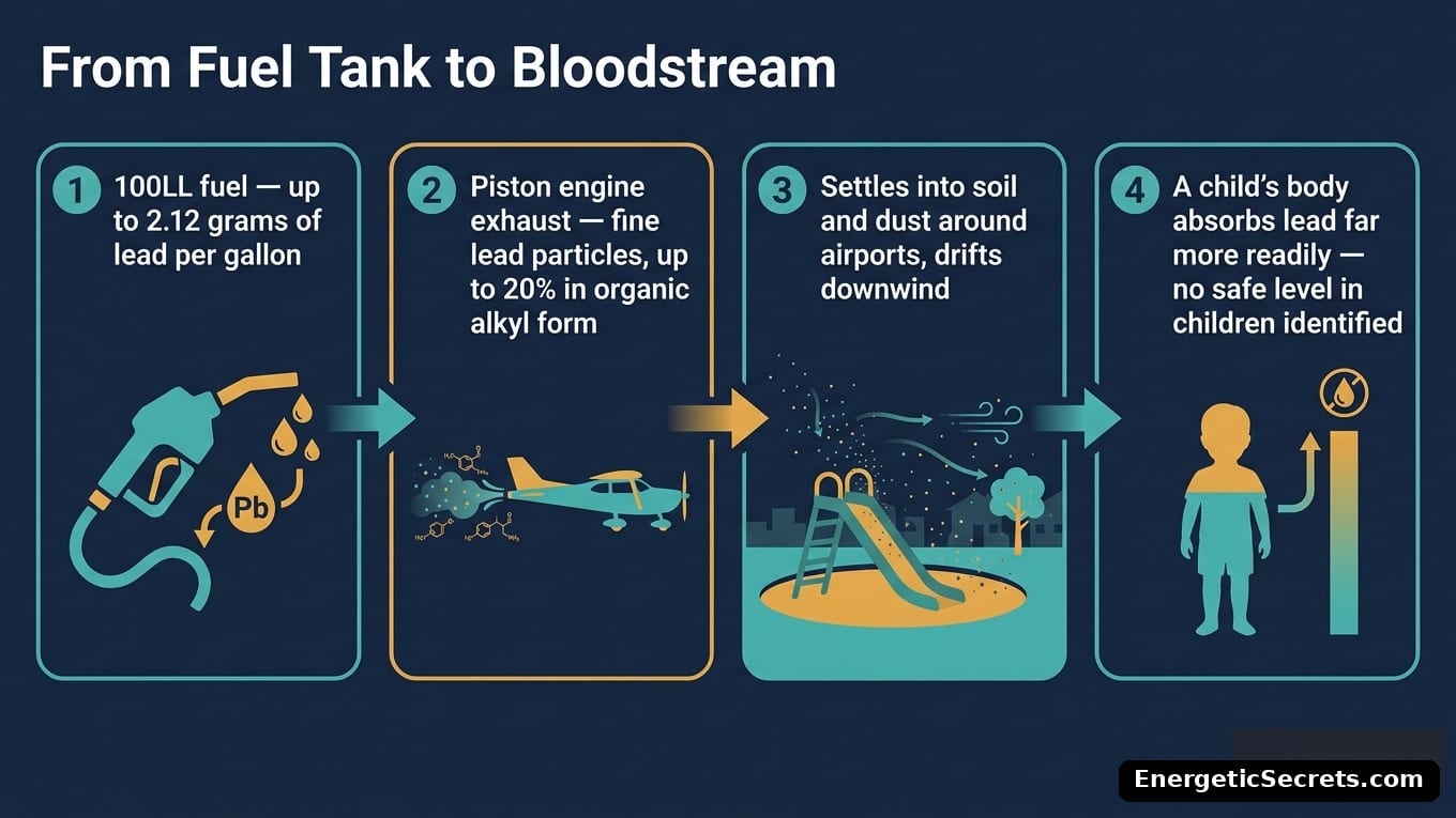 Infographic: From Fuel Tank to Bloodstream - four panels tracing lead from 100LL fuel through piston-engine exhaust and airport dust into a child's body