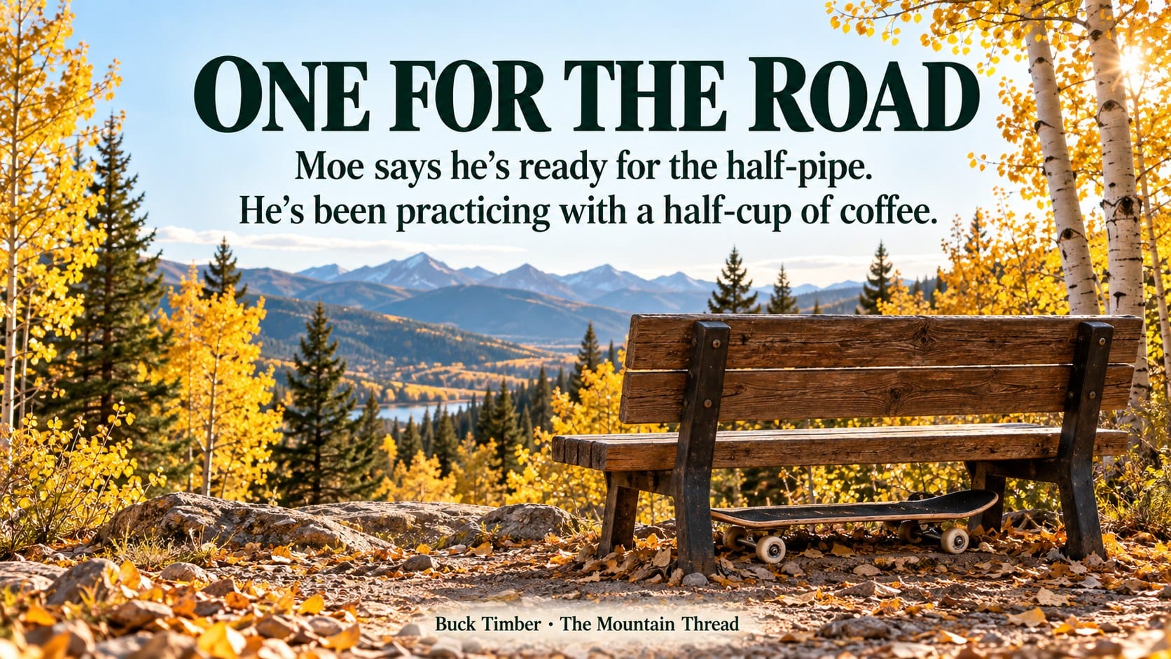 Autumn bench and skateboard. One for the Road: Moe says he’s ready for the half-pipe. He’s been practicing with a half-cup of coffee.