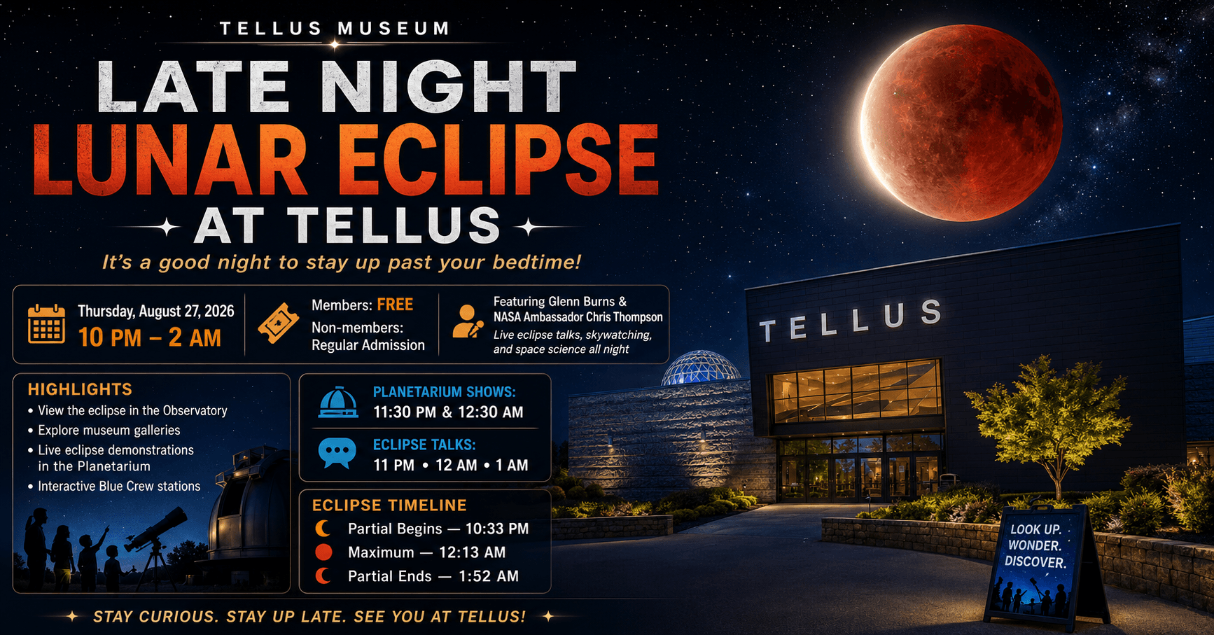 Tellus Dares to Defy the Dark: Museum Opens at Midnight for Lunar Eclipse Spectacle