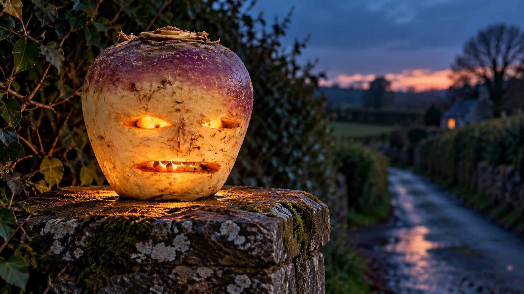A freshly carved purple-and-cream turnip with narrow glowing eyes and a crooked mouth sits on a stone gatepost beside a quiet country lane at dusk.