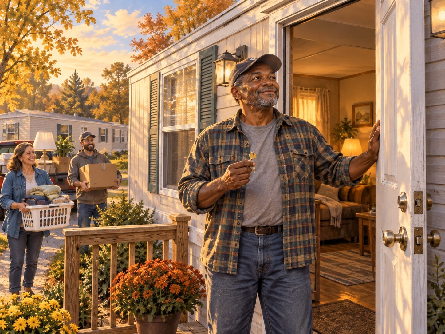 AI-generated conceptual scene of a fictional man holding a key at a trailer doorway while neighbors carry household items; this is not John Vose or his actual home.