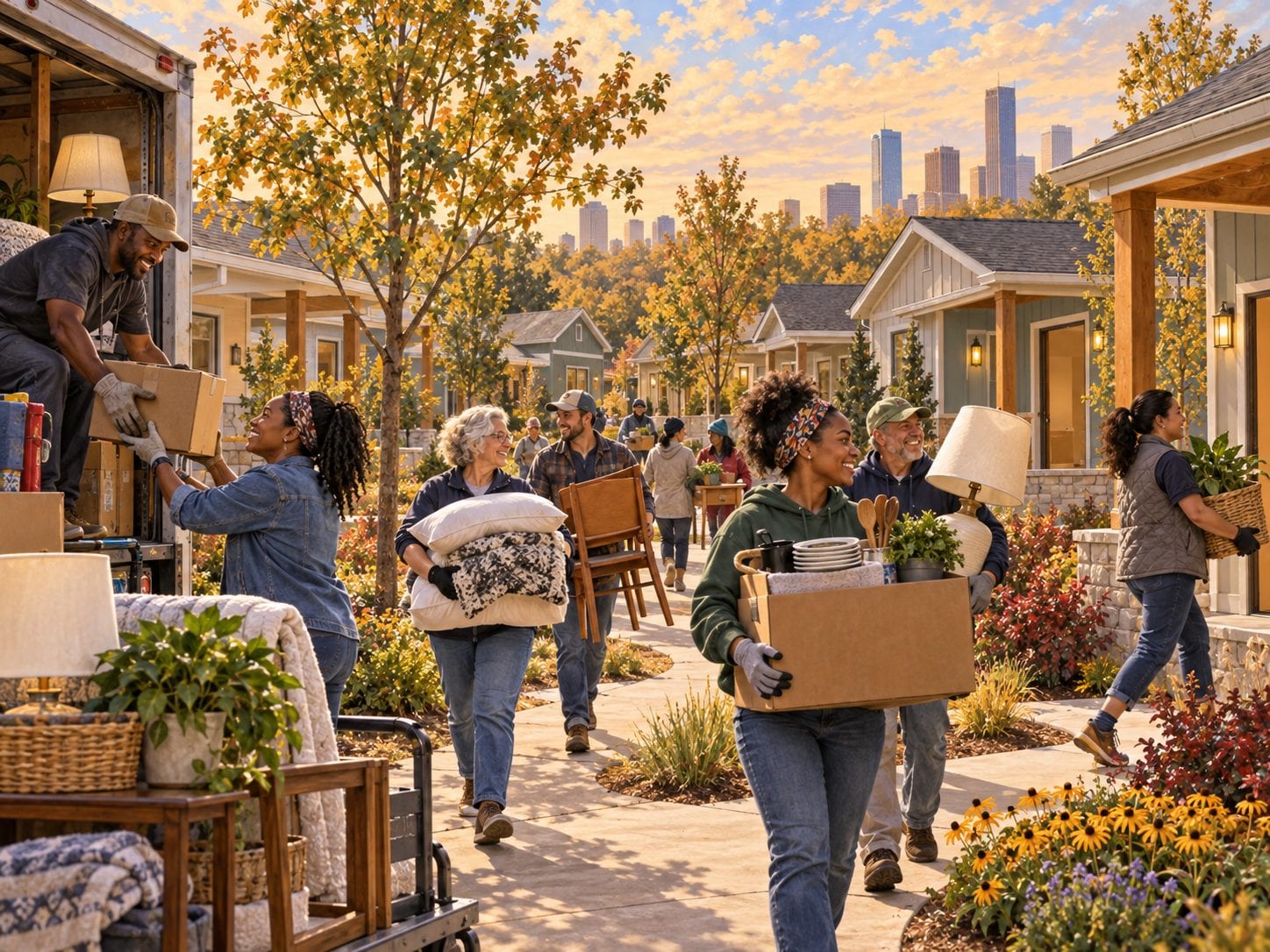 AI-generated imagined scene of volunteers carrying lamps, boxes and bedding toward small homes; not a documentary depiction of City Lights Village or its residents.