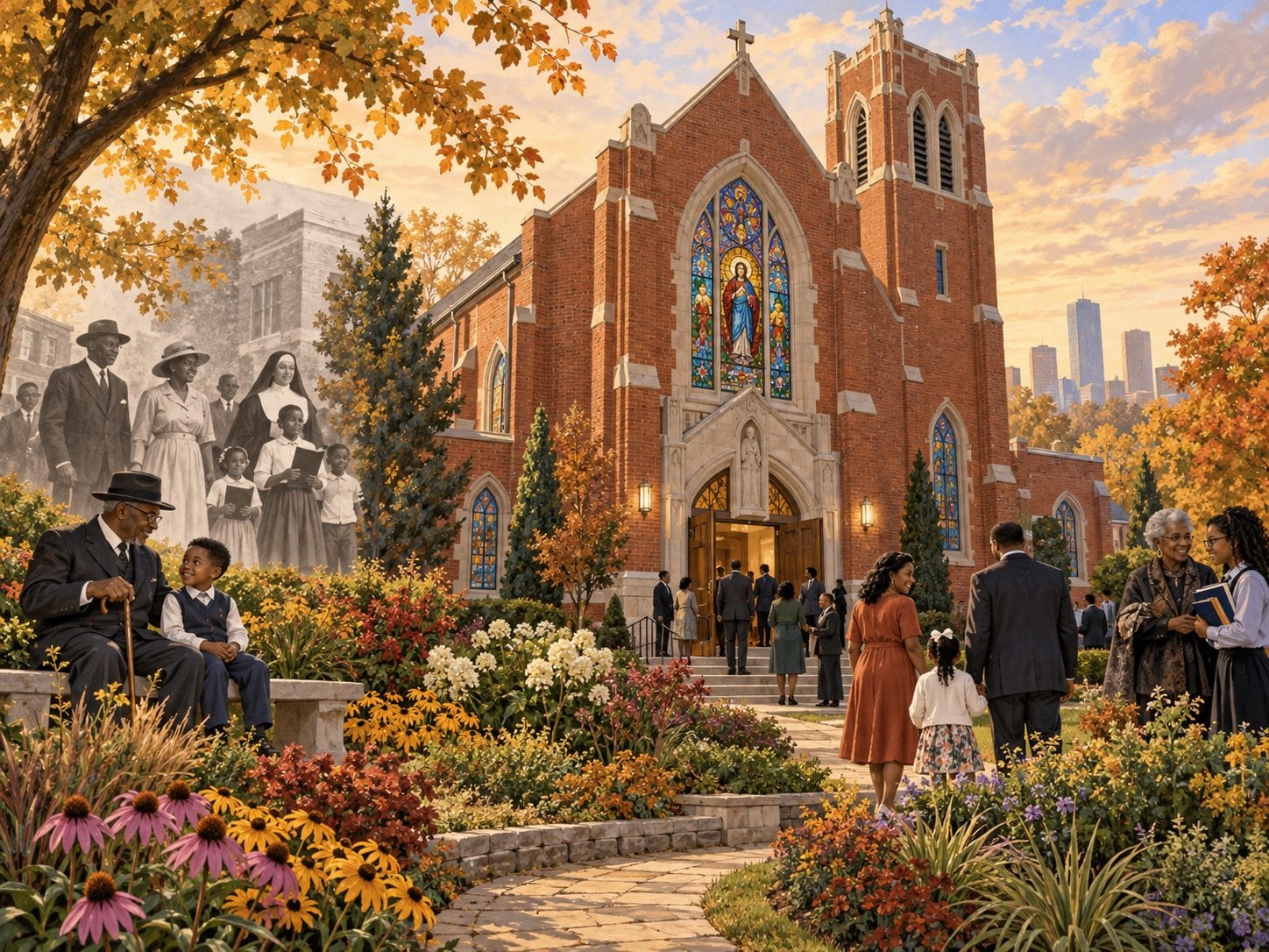 AI-generated conceptual illustration of a Gothic-style red-brick church, flower garden, and imagined community members across generations; not an actual photo of St. Monica or its Centennial Garden.