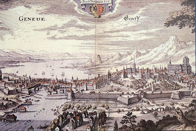 Vue grav&eacute;e de Gen&egrave;ve vers 1600