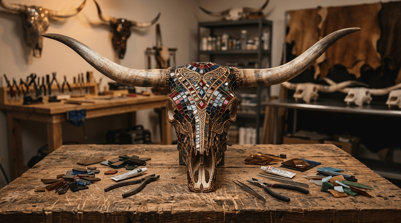 Fort Worth Artist Transforms Longhorn Skulls Into Dazzling Mosaic Glass Masterpieces