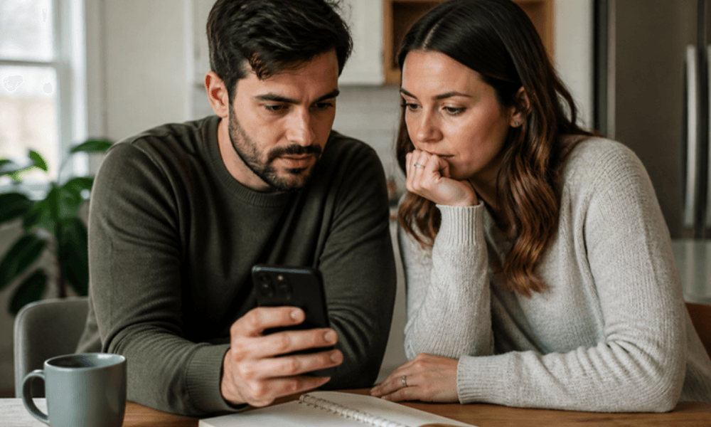 A couple at a kitchen table reading the news on a phone.