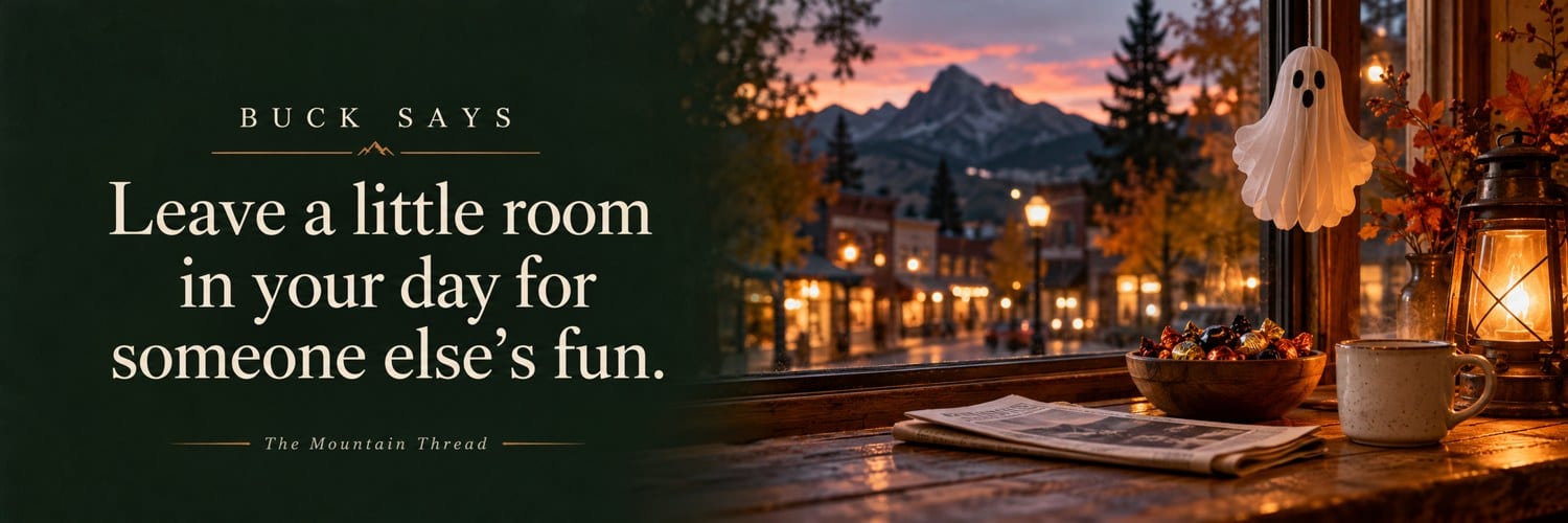Buck says: Leave a little room in your day for someone else’s fun. Illustrated mountain shop window at dusk.