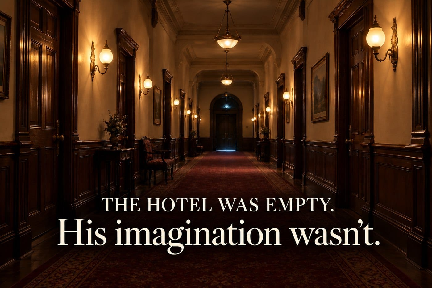 The hotel was empty. His imagination wasn’t. An imagined lamplit hotel hallway.