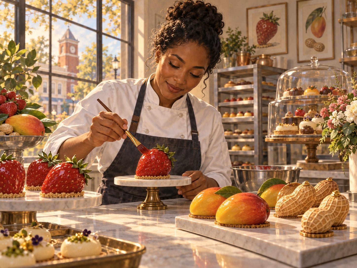 AI-generated illustration of a fictional pastry chef decorating strawberry-shaped desserts beside mango- and peanut-shaped sweets; not a portrait or photograph of Melody Bakes.