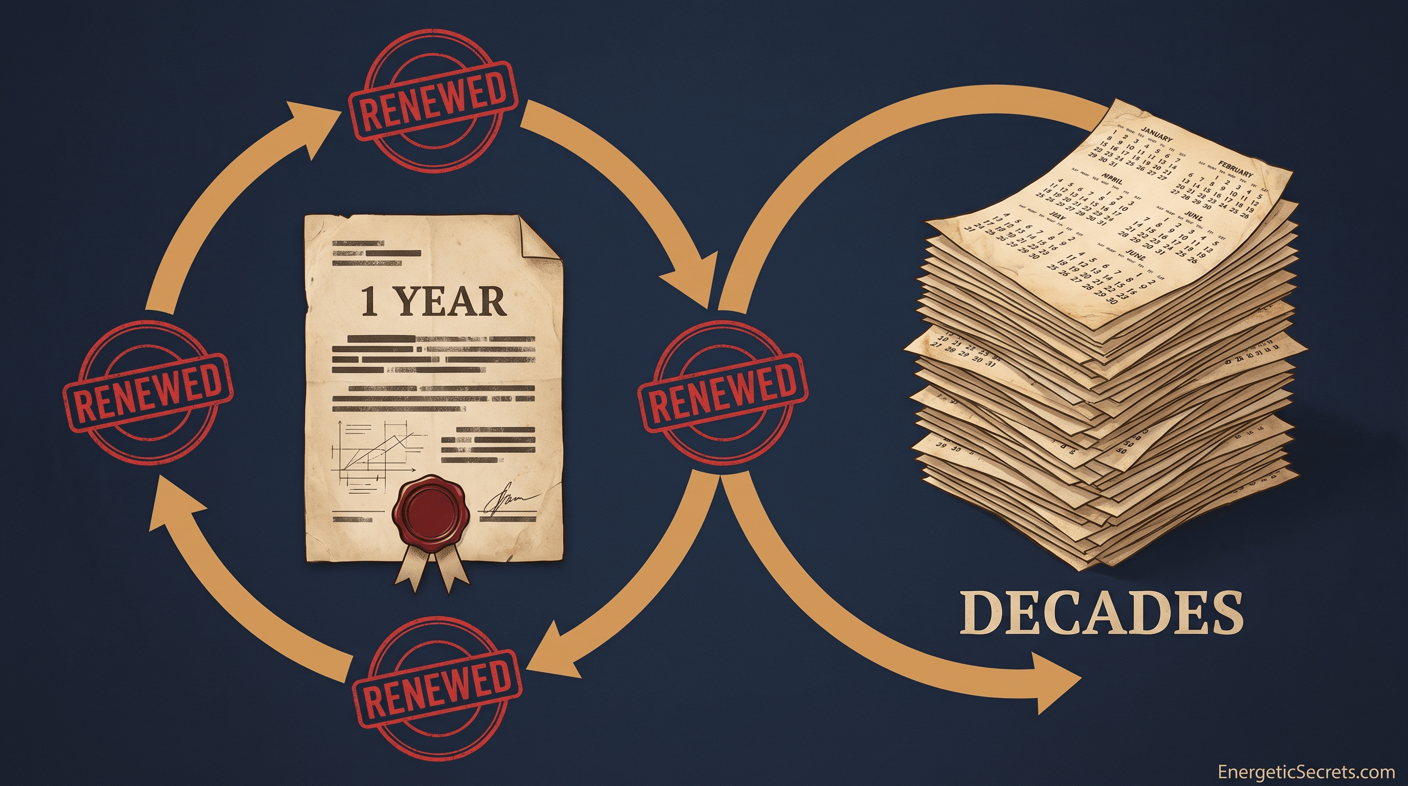 the renewal machinery, one-year document under four RENEWED stamps beside a DECADES calendar stack