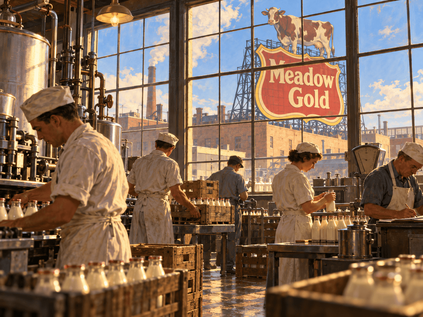 Painterly imagined 1930s dairy bottling room with workers handling milk bottles and crates; through tall windows, a large stylized red-and-gold Meadow Gold sign topped by a cow dominates the skyline.