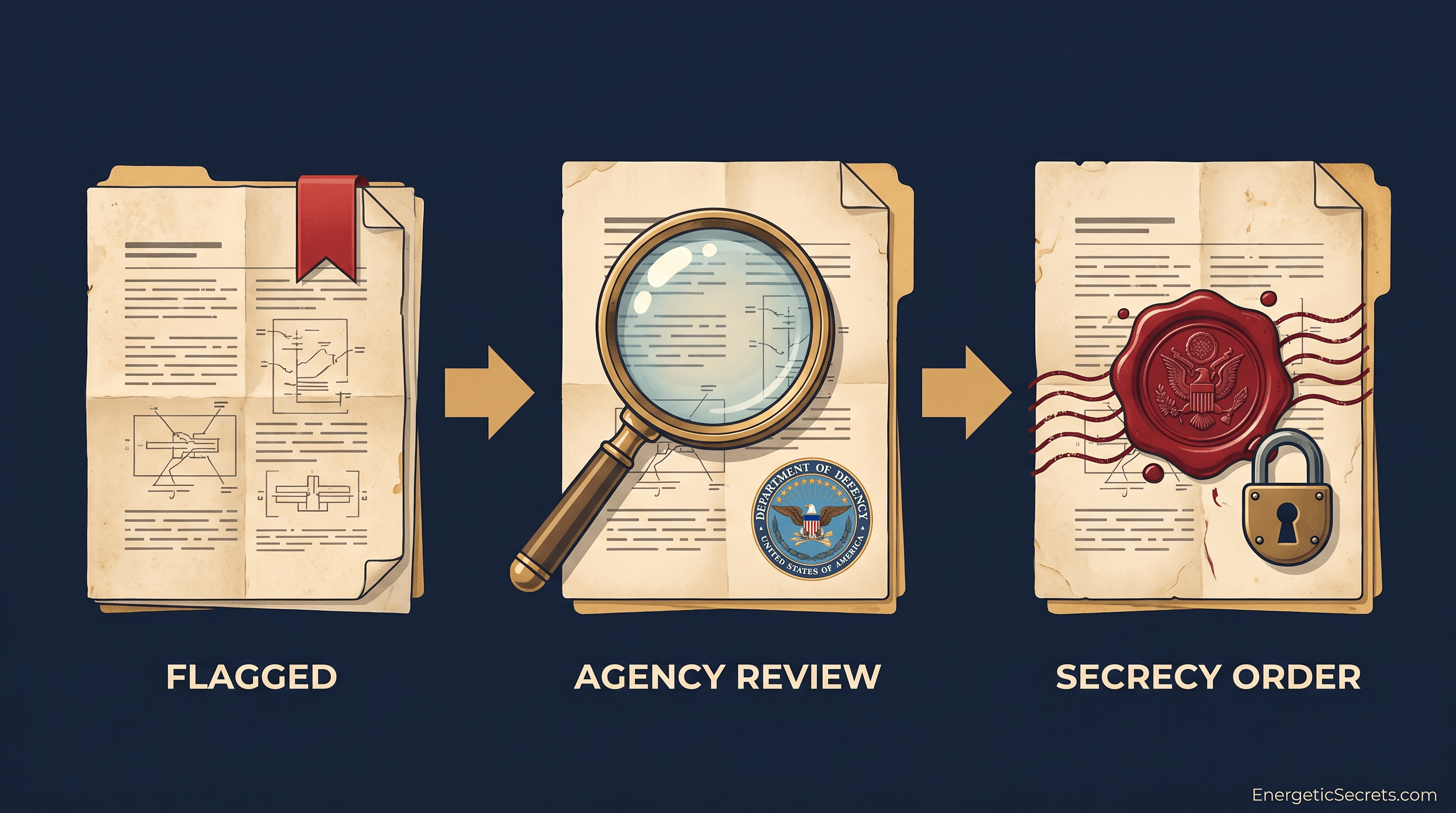 the secrecy-order pipeline, FLAGGED to AGENCY REVIEW to SECRECY ORDER with the Department of Defense seal
