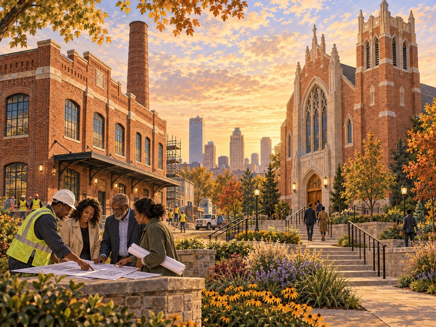 AI-generated imagined Tulsa scene combining a brick industrial landmark and Gothic-style church, with people reviewing plans; the buildings are not pictured at their true locations.