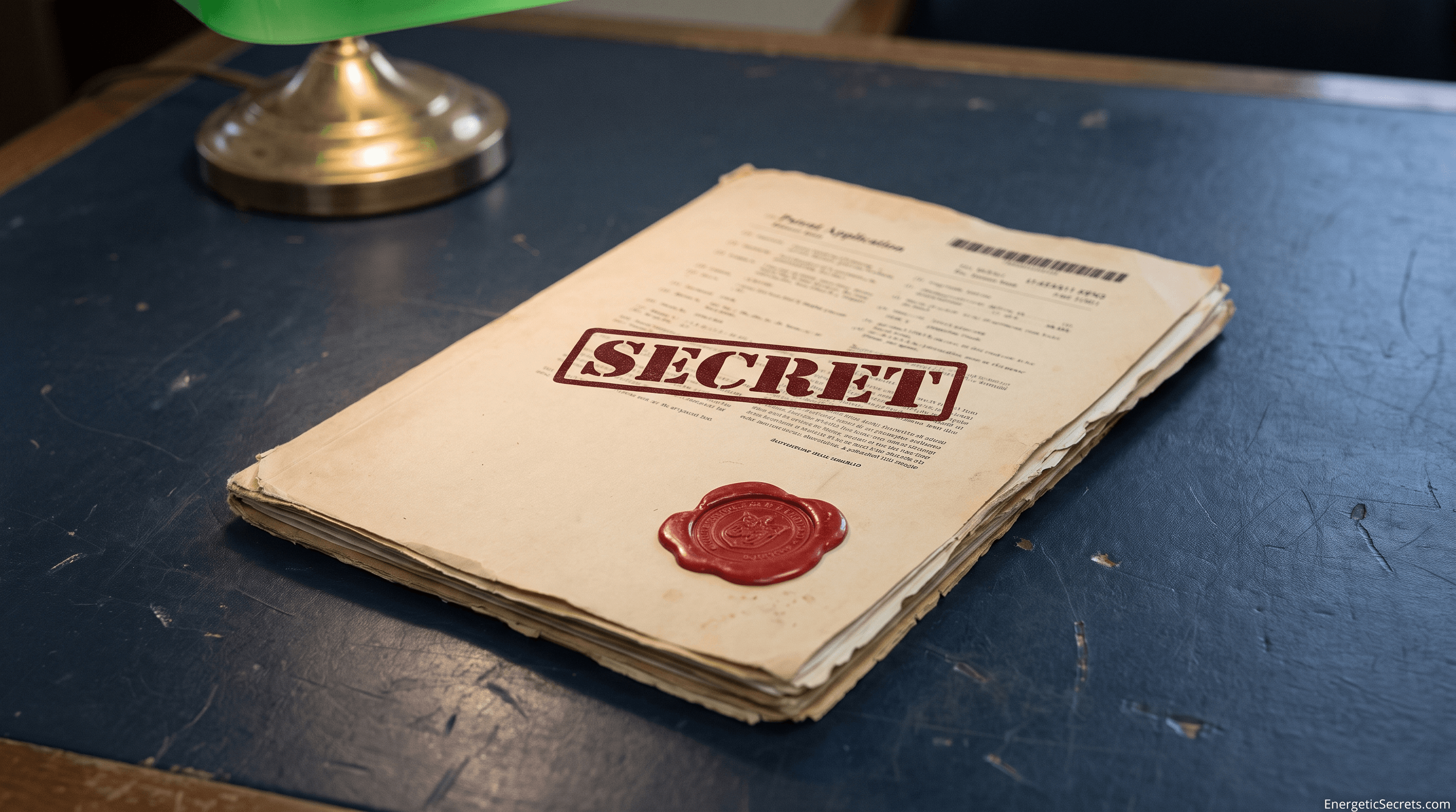 a heavy red wax seal pressed over a folded patent application on a government desk, stamped SECRET