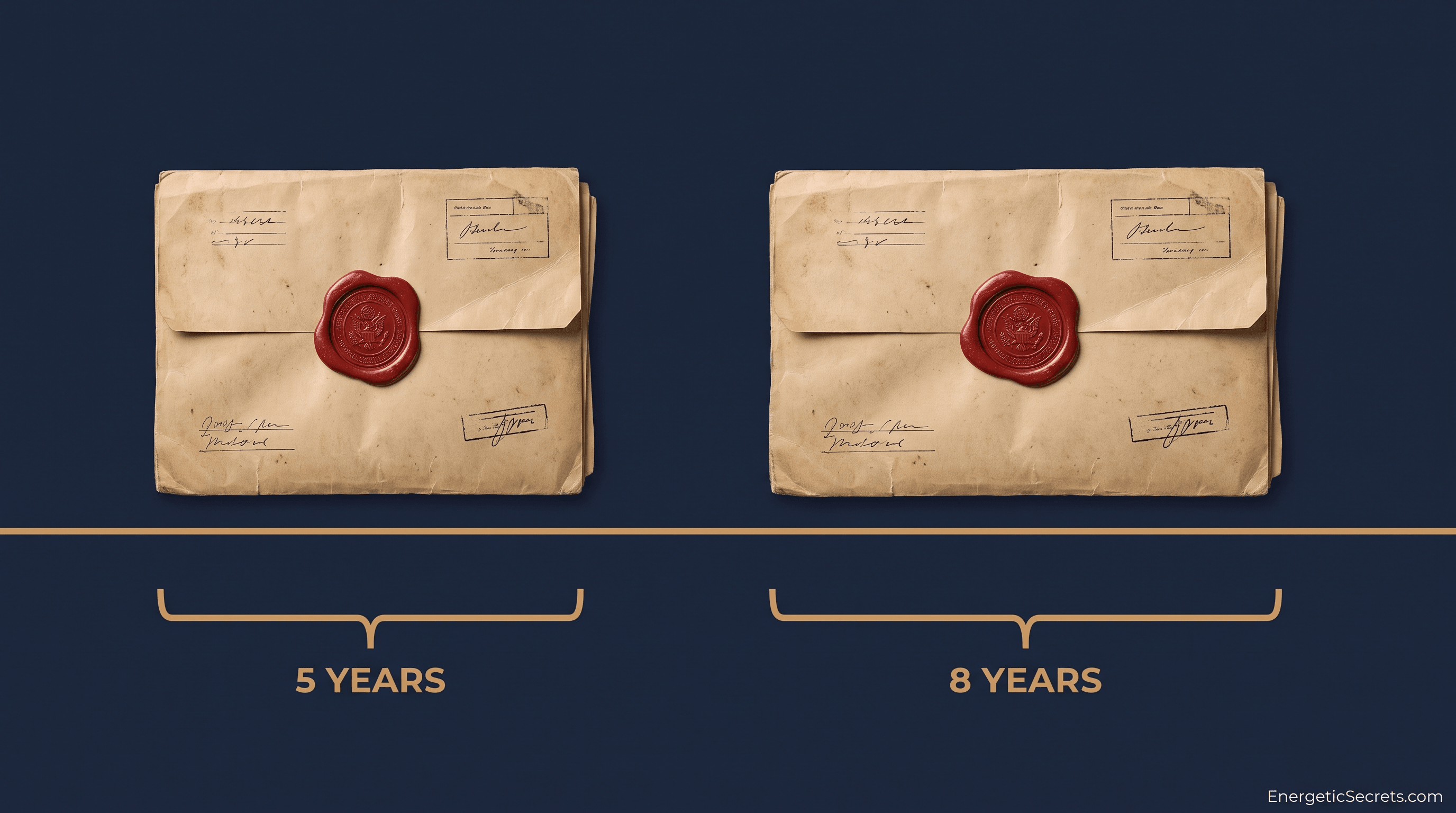 two wax-sealed manila case files with timeline brackets 5 YEARS and 8 YEARS