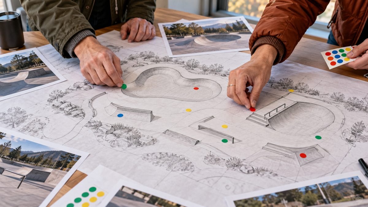 Hands placing colored stickers on imagined skatepark design plans at a table.