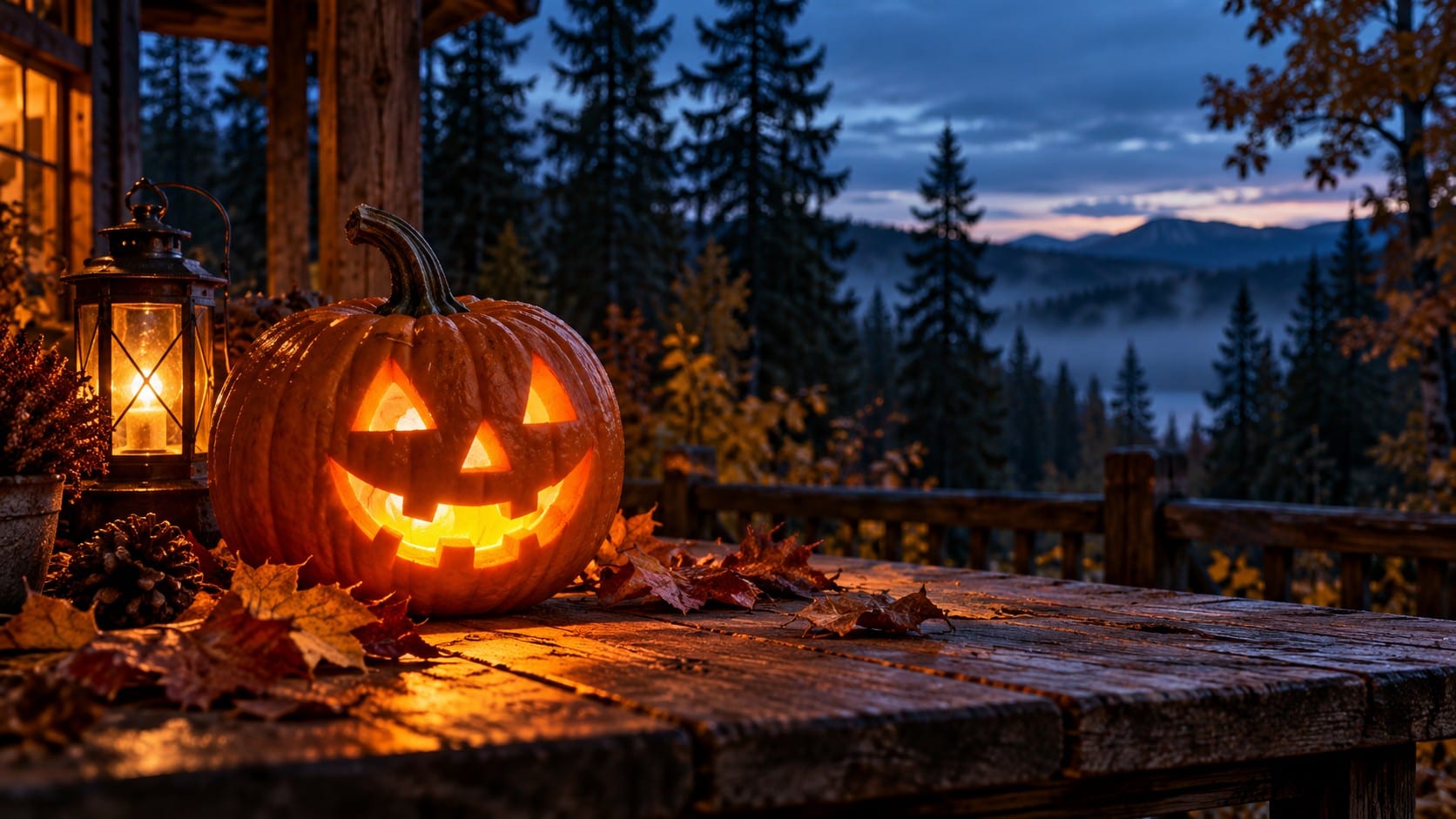 A carved pumpkin glows beside a lantern on a rustic porch, with pine trees fading into blue twilight.